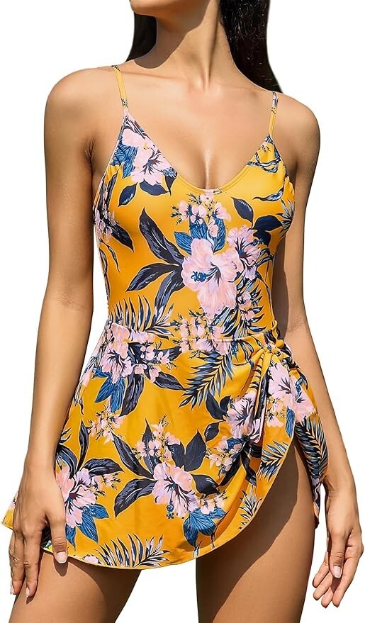 Shekini Women's V-Neck Swim Dress Swimsuit Swimming Costume Tie Side Skirt BNWT