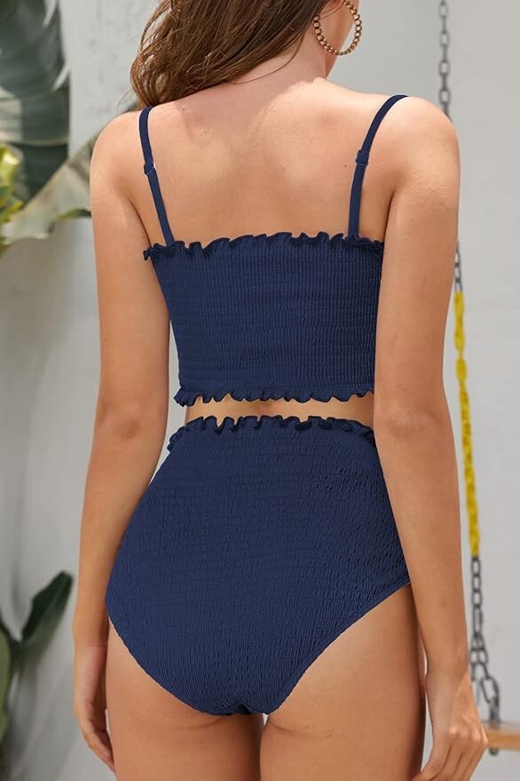 Shekini Women's Smocked High Waist Bikini Swimsuit Swimming Costume Swimwear