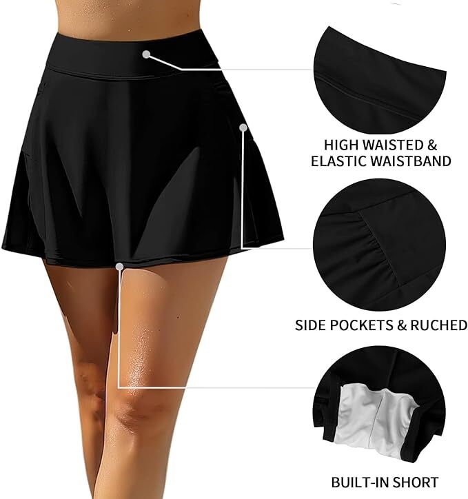 Attraco Women's High Waisted Swim Skirt Shorts Skort Swimsuit Swimming Costume