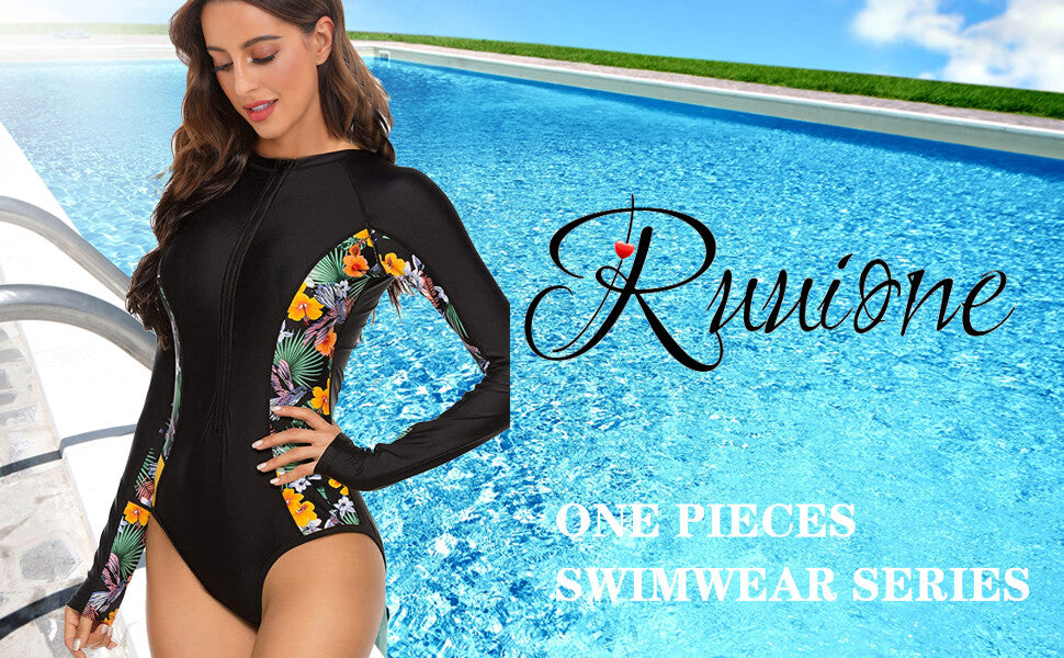Ruuione Women's Rash Guard Front Zip Swimsuit Swimming Costume Long Sleeve BNWT