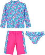 Ikali Girl's 3 Piece Rash Swimsuit Swimming Costume Swim Ruffle Kids Flamingo