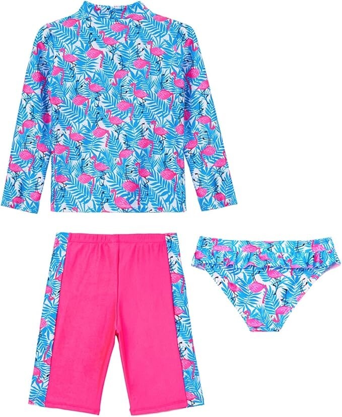 Ikali Girl's 3 Piece Rash Swimsuit Swimming Costume Swim Ruffle Kids Flamingo