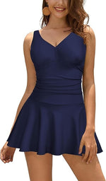 Shekini Women's V-Neck Swim Dress Swimsuit Swimming Costume Ruched Skirt BNWT