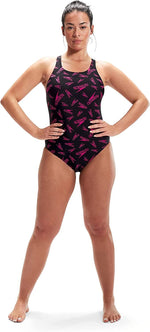 Speedo Women's Boom Logo Allover Medalist Swimsuit Swimming Costume BNWT