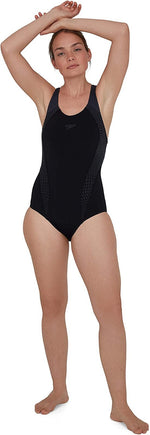 Speedo Women's Placement Laneback Swimsuit Swimming Costume Black Grey BNWT
