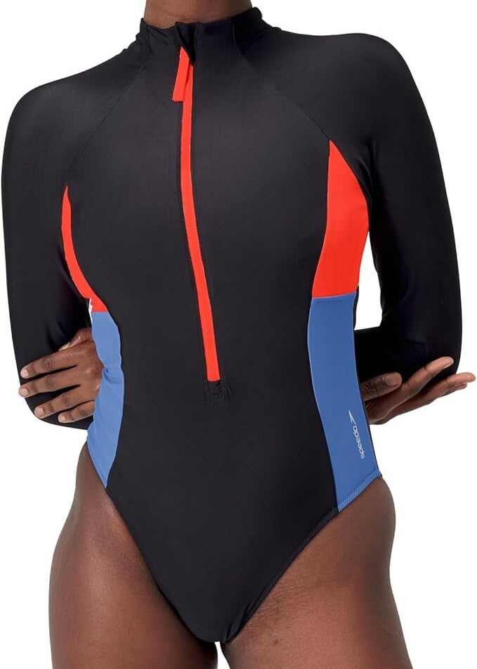Speedo Women's Colourblock Long Sleeve Zip Swimsuit Swimming Costume BNWT