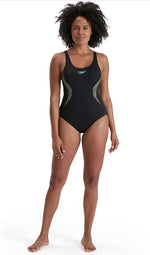 Speedo Women's Placement Muscleback Swimsuit Swimming Costume Black Blue BNWT