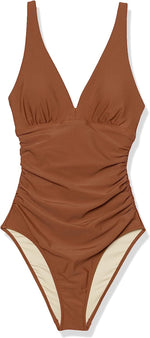 Amazon Essentials Women's Plunge Shaping Swimsuit Swimming Costume Brown BNWT