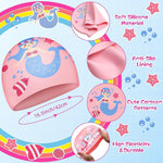 AKSXU Girls Silicone Swimming Cap Swim Hat Pink Mermaid Children Kids 6-14 Years