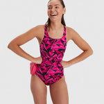 Speedo Women's Hyperboom Allover Medalist Swimsuit Swimming Costume Pink BNWT