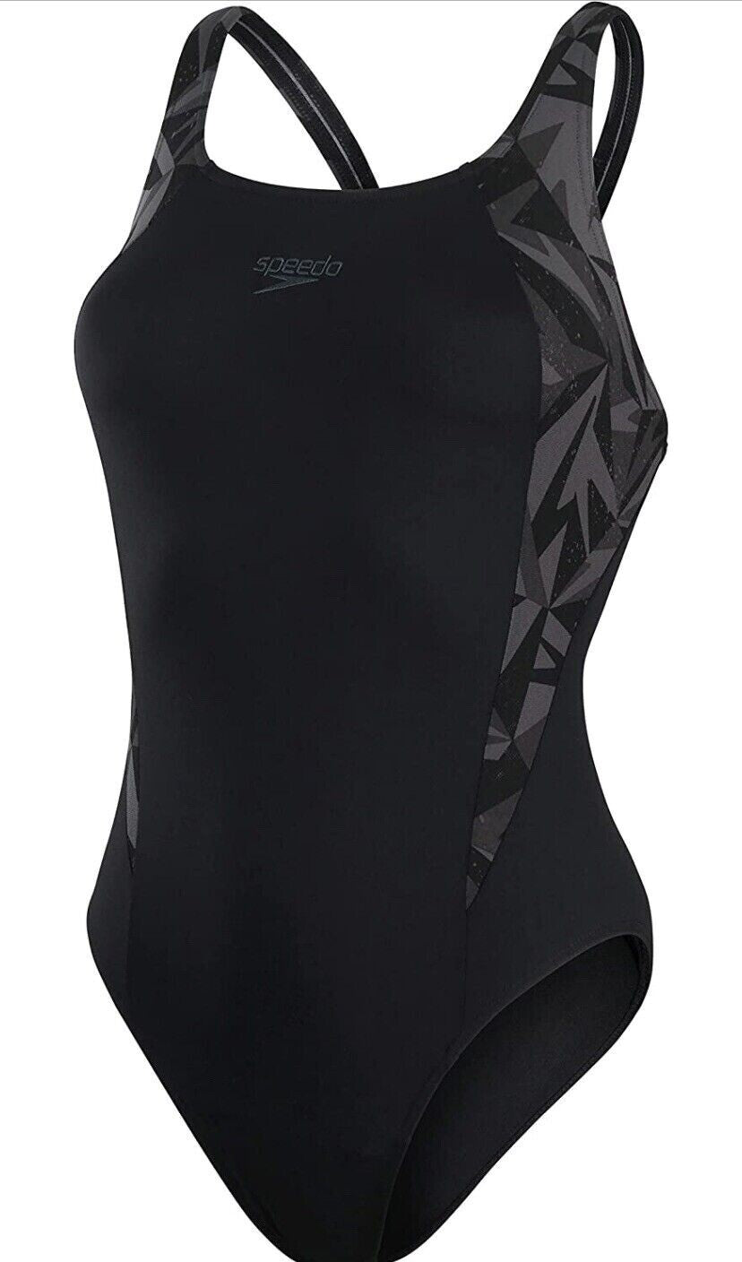 Speedo Women's Hyperboom Splice Muscleback Swimsuit Swimming Costume Black BNWT