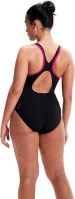 Speedo Women's Boom Logo Splice Muscleback Swimsuit Swimming Costume Pink BNWT