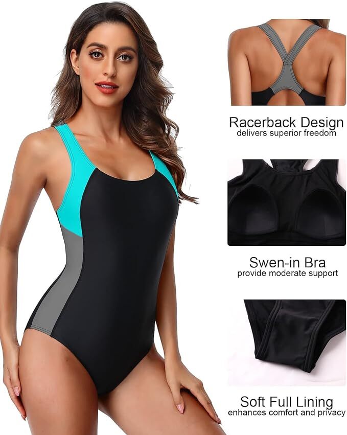 Attraco Women's Padded Colour Block Racerback Swimsuit Swimming Costume BNWT