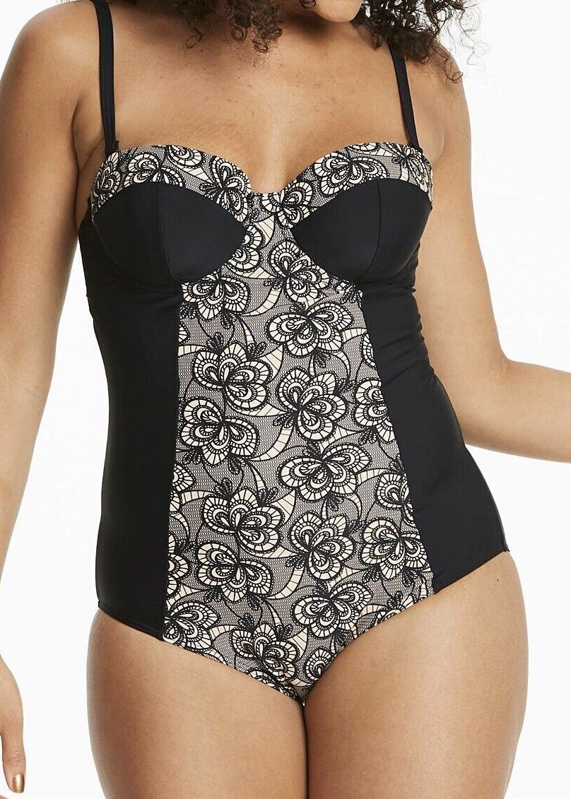 Beach To Beach Women's Black Lace Print Bandeau Swimsuit Swimming Costume BNWT