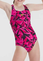Speedo Girls Hyperboom Logo Medalist Swimsuit Swimming Costume Black Pink BNWT