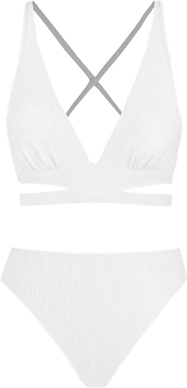 Cupshe Women's Mid-Rise Ribbed Triangle Bikini Swimsuit Swimming Costume BNWT