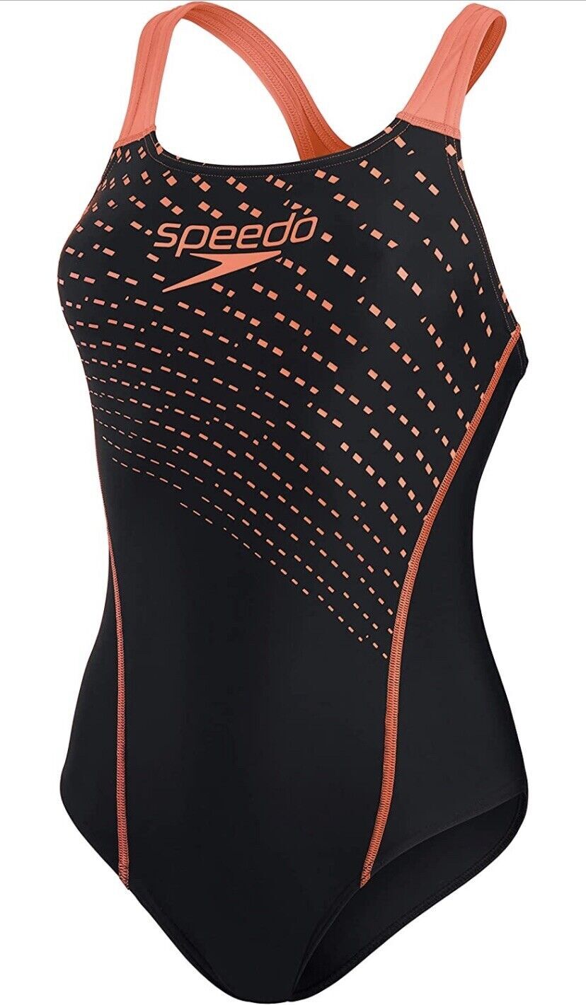 Speedo Women’s Medley Logo Medalist Swimsuit Swimming Costume Black Red BNWT