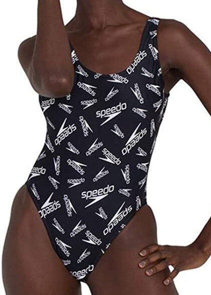 Speedo Women's Allover Deep U-Back High Leg Swimsuit Swimming Costume BNWT