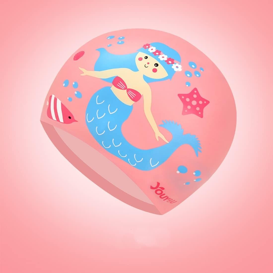 AKSXU Girls Silicone Swimming Cap Swim Hat Pink Mermaid Children Kids 6-14 Years
