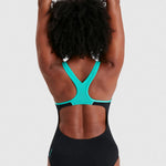 Speedo Women's Placement Laneback Swimsuit Swimming Costume Black Blue BNWT