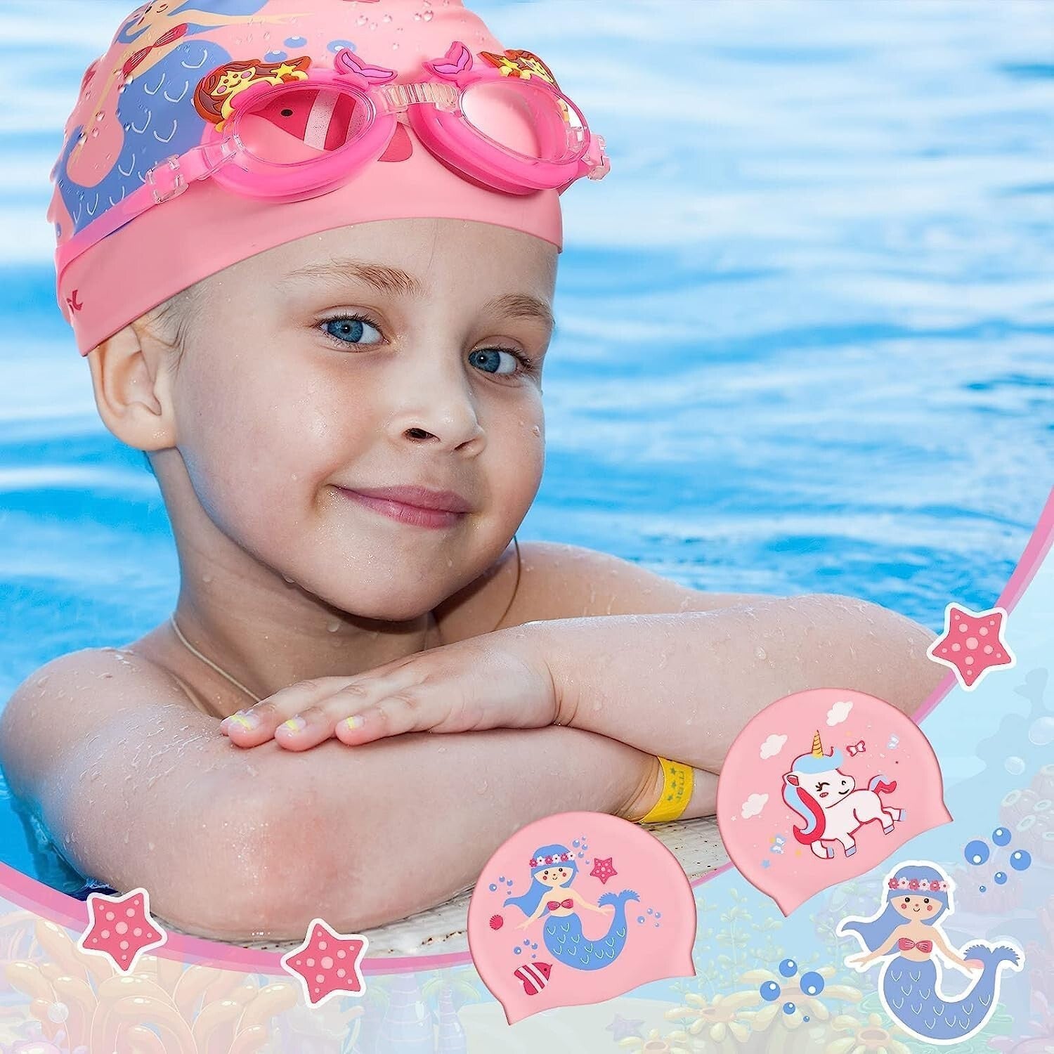 AKSXU Girls Silicone Swimming Cap Swim Hat Pink Mermaid Children Kids 6-14 Years