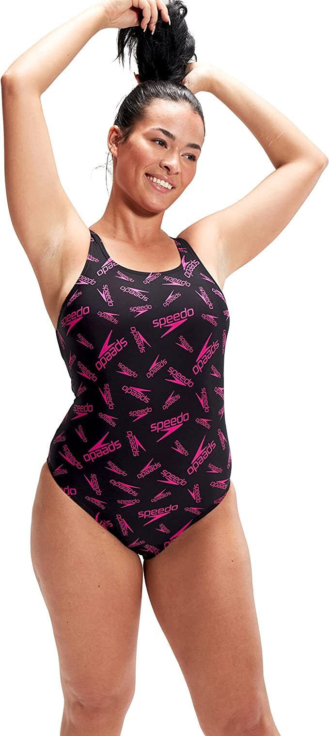 Speedo Women's Boom Logo Allover Medalist Swimsuit Swimming Costume BNWT
