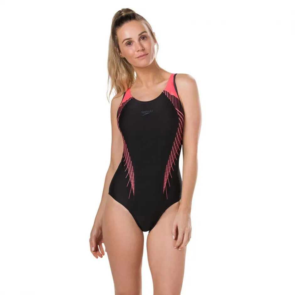 Speedo Women's Fit Laneback Swimsuit Swimming Costume Black Red BNWT