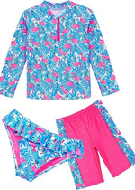 Ikali Girl's 3 Piece Rash Swimsuit Swimming Costume Swim Ruffle Kids Flamingo