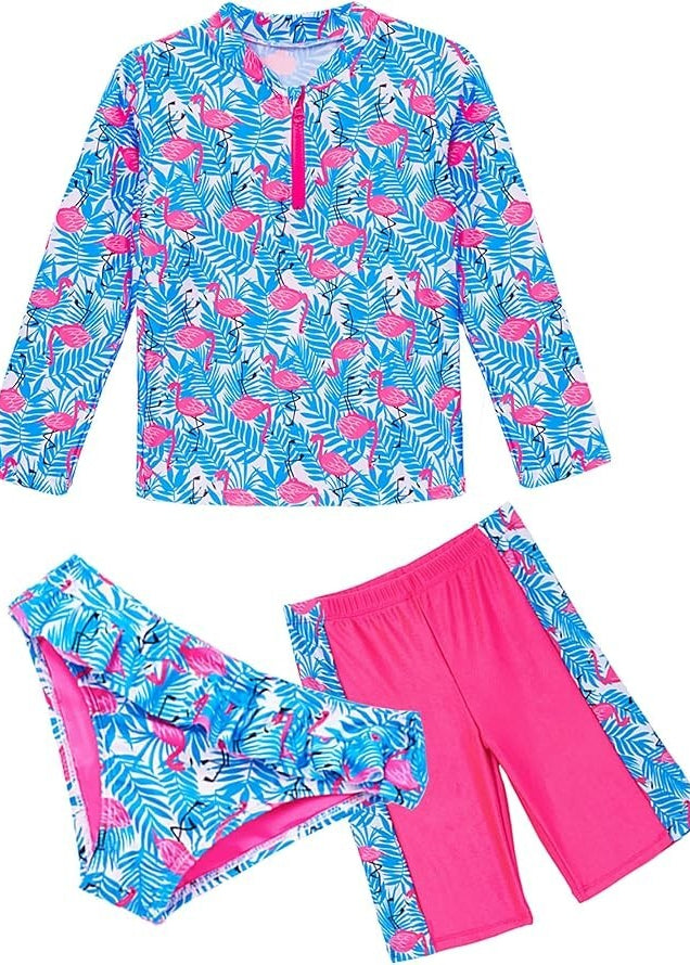 Ikali Girl's 3 Piece Rash Swimsuit Swimming Costume Swim Ruffle Kids Flamingo