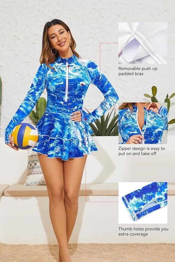 Shekini Women's Long Sleeve Rash Swim Dress Swimsuit Swimming Costume Skirt BNWT