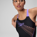 Speedo Women’s Medley Logo Medalist Swimsuit Swimming Costume Black Peach BNWT