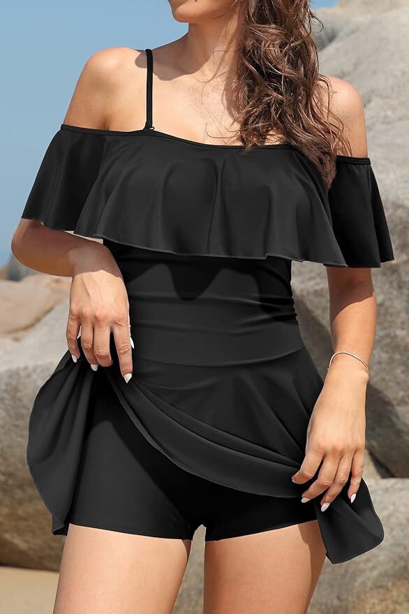 Shekini Women's Off-Shoulder Flounce Swim Dress Swimsuit Swimming Costume BNWT