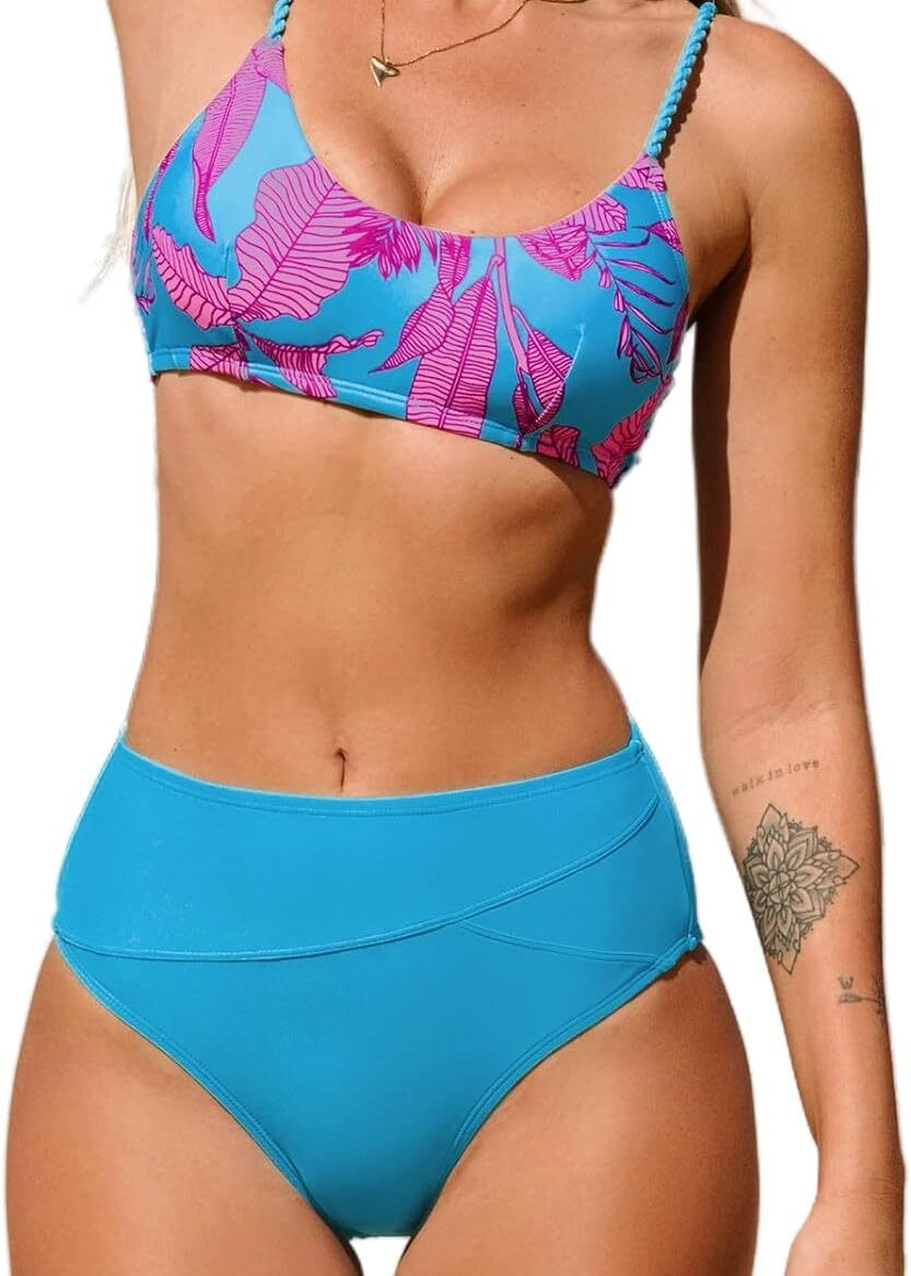 Cupshe Women's High Waist Ribbed Scoop Bikini Swimsuit Swimming Costume BNWT