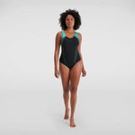 Speedo Women's Placement Laneback Swimsuit Swimming Costume Black Blue BNWT