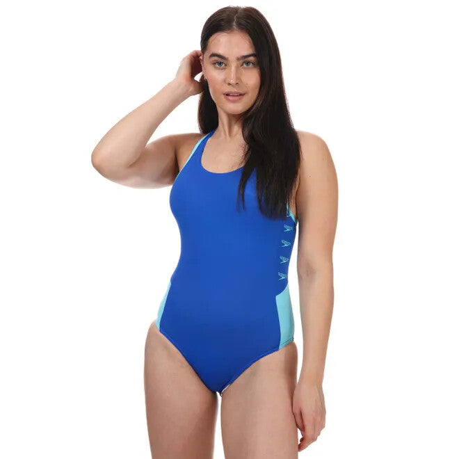 Speedo Women's Boom Logo Splice Muscleback Swimsuit Swimming Costume Blue BNWT