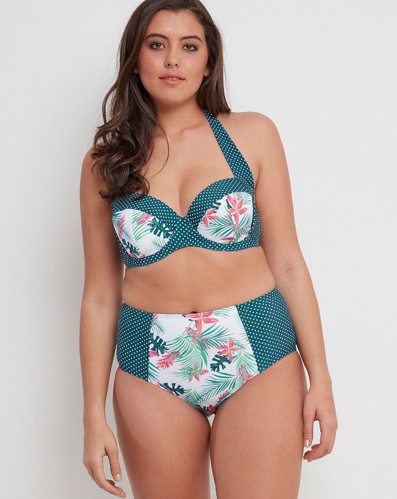 Joe Browns Bikini Top Padded Bandeau Halter Neck Green Tropical 34D 34DD BNWT