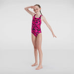 Speedo Girls Hyperboom Logo Medalist Swimsuit Swimming Costume Black Pink BNWT
