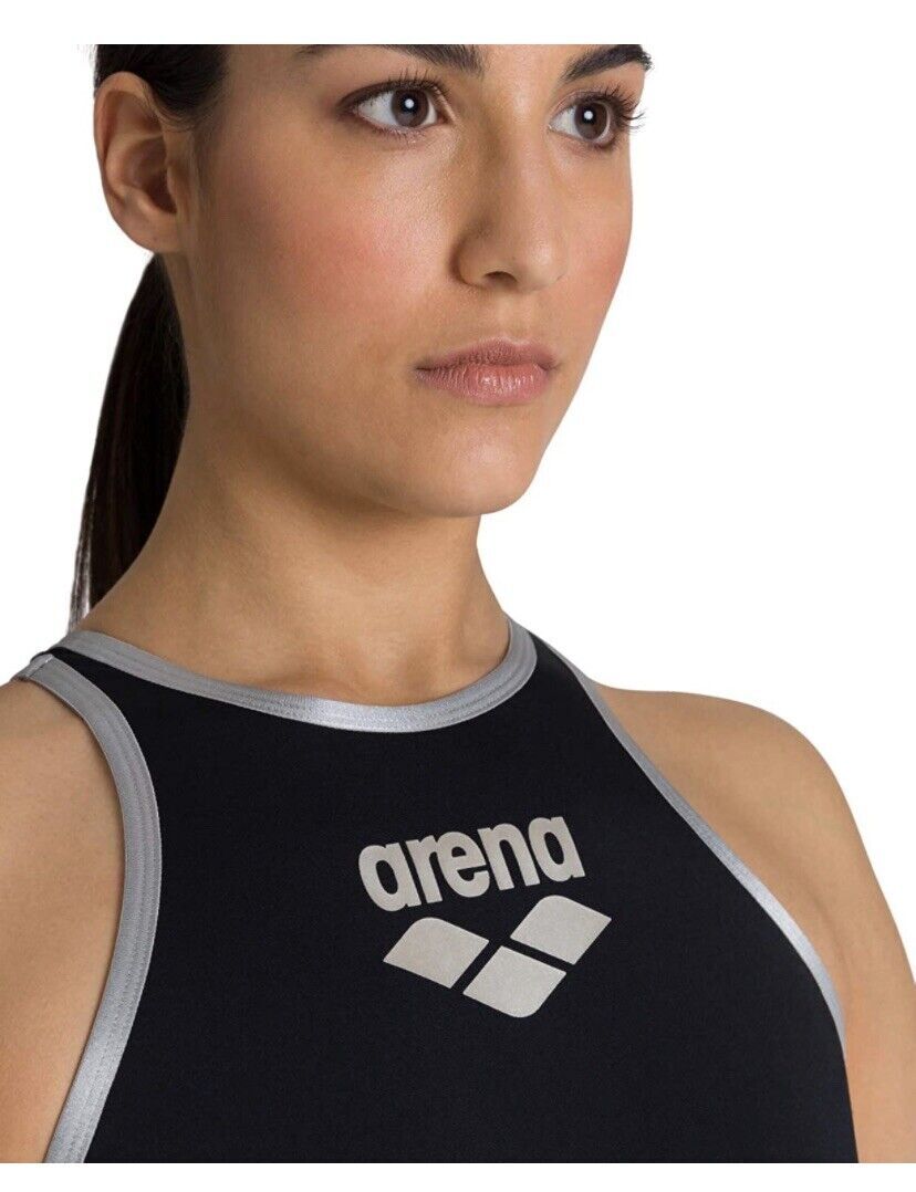 Arena Women's One Big Logo Black/Silver Swimsuit Swimming Costume BNWT