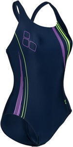 Arena Women's V Back Graphic Swimsuit Swimming Costume Ladies Navy/Green BNWT