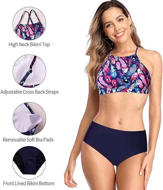 CharmLeaks Women's Padded High Neck Bikini Swimsuit Swimming Costume BNWT
