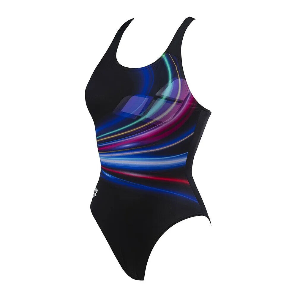 Arena Women's Flashing Lights V Back Swimsuit Swimming Costume Black BNWT