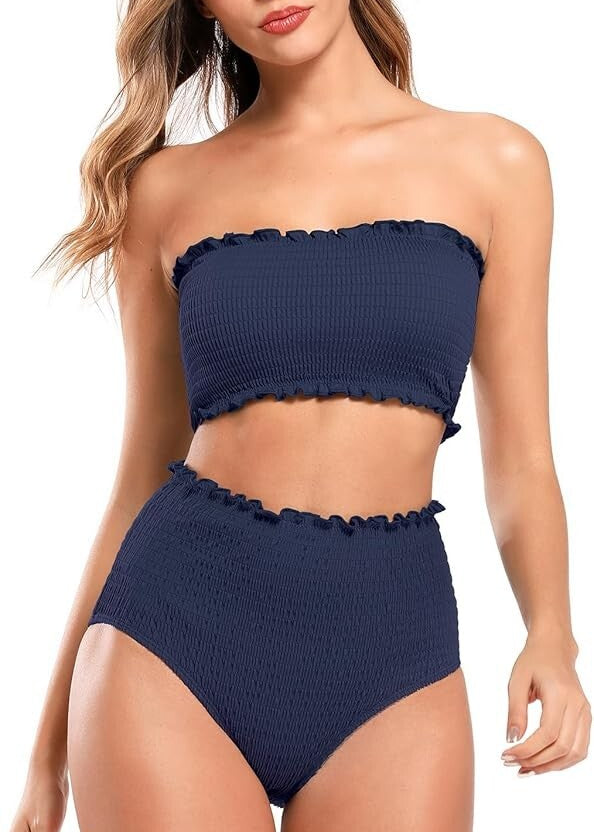 Shekini Women's Smocked High Waist Bikini Swimsuit Swimming Costume Swimwear