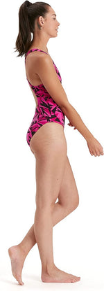 Speedo Women's Hyperboom Allover Medalist Swimsuit Swimming Costume Pink BNWT