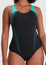 Speedo Women's Placement Laneback Swimsuit Swimming Costume Black Blue BNWT