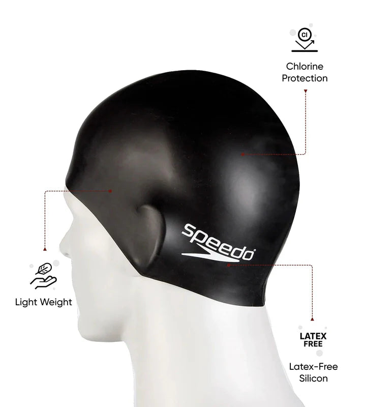 Speedo Unisex Flat Silicone Swimming Cap Hat for Adults - Black