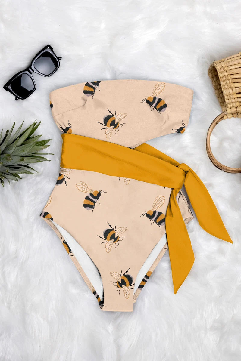 Averie Women's Side Tie Bandeau One Piece Swimsuit Swimming Costume - Bea/Bee