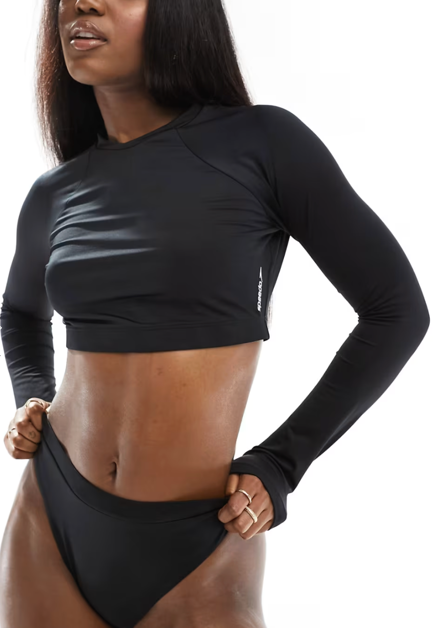 Speedo Women's FLU3NTE Solid Long Sleeve Crop Top Rashguard Swimsuit - Black