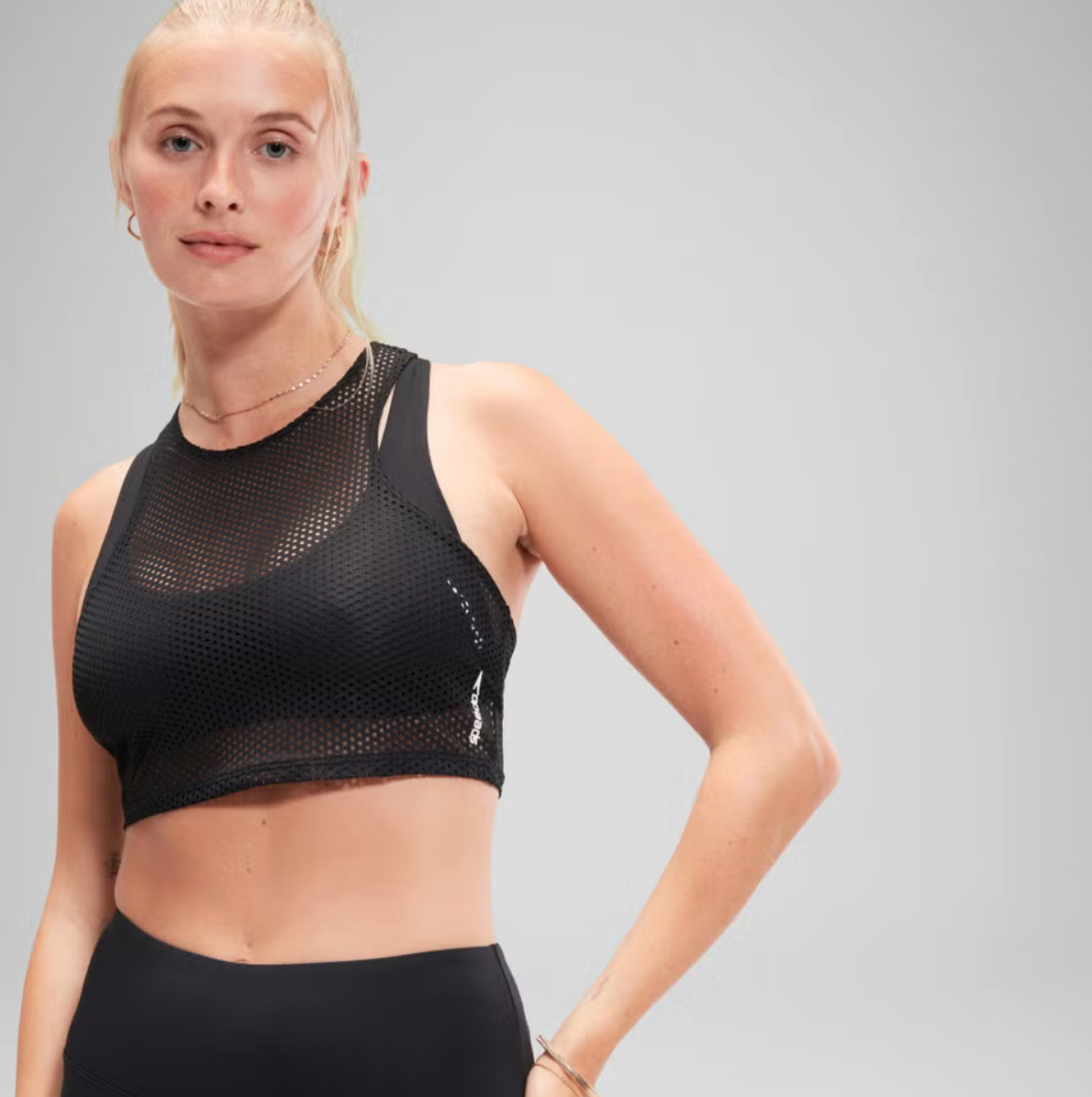 Speedo Women's FLU3NTE Sleeveless Mesh Crop Top Swimsuit - Black