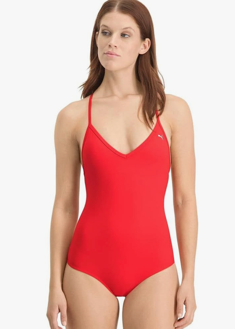 Puma Women's Damen Swim V-Neck Crossback One Piece Swimsuit Swimming Costume - Red