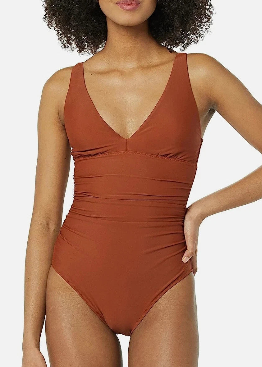 Amazon Essentials Women's Plunge Shaping Swimsuit Swimming Costume Brown